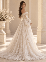 Off-the-Shoulder Lace Ball Gown Wedding Dress with Corset Back & Floral Appliqués