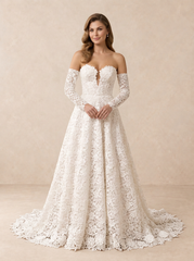 Off-the-Shoulder Lace Long Sleeves A-Line Wedding Dress With Sweeping Train