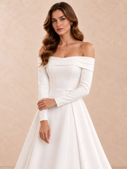 Off-the-Shoulder Long Sleeve Crepe A-Line Wedding Dress with Pearl Accents