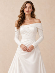 Off-the-Shoulder Long Sleeves Satin Wedding Dress with Sweep Train