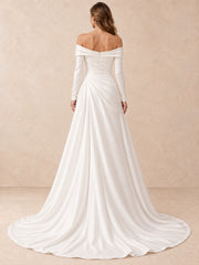 Off-the-Shoulder Long Sleeves Satin Wedding Dress with Sweep Train