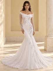 Off-the-Shoulder Mermaid Wedding Dress with Lavender Lace & Long Sleeves