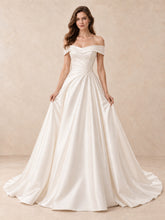 Off-the-Shoulder Mikado Satin A-Line Wedding Dress with Sweep Train