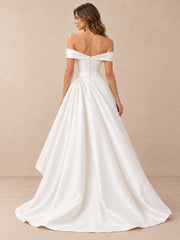 Off-the-Shoulder Mikado Satin High-Low Wedding Dress with Pearl Detail