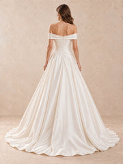 Off-the-Shoulder Mikado Satin Wedding Dress with Pearl Waist Accents
