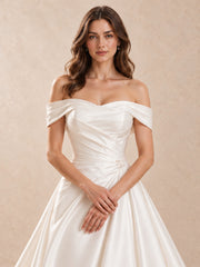 Off-the-Shoulder Mikado Satin Wedding Dress with Pearl Waist Accents