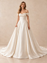 Off-the-Shoulder Neckline Satin Wedding Dress with Pearl-Accents