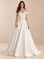 Off-the-Shoulder Pearl-Beaded Satin Wedding Dress with Sweep Train