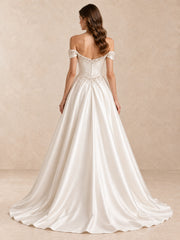 Off-the-Shoulder Pearl-Beaded Satin Wedding Dress with Sweep Train