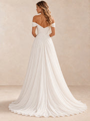Off-the-Shoulder Ruched Chiffon A-Line Wedding Dress With Sweep Train