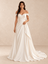Off-the-Shoulder Satin A-Line Wedding Dress with Asymmetric Draped Bodice