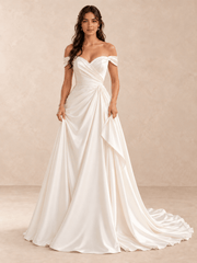 Off-the-Shoulder Satin A-Line Wedding Dress with Asymmetric Draped Bodice