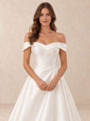 Off-the-Shoulder Satin A-Line Wedding Dress With Button Back
