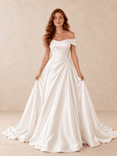 Off-the-Shoulder Satin A-Line Wedding Dress with Draped Bodice