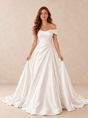Off-the-Shoulder Satin A-Line Wedding Dress with Draped Bodice