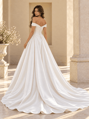 White Satin A-Line Off-the-Shoulder Wedding Dress With Lace Appliqués