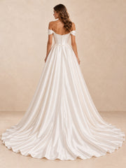 Off-the-Shoulder Satin A-Line Wedding Dress with Long Train