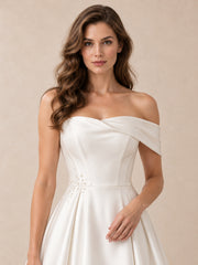 Off-the-Shoulder Satin A-Line Wedding Dress with Pearl Accents
