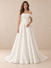 Off-the-Shoulder Satin A-Line Wedding Dress with Pearl Accents