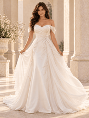 Off-the-Shoulder Satin A-Line Wedding Dress with Pearl Vine Appliqués