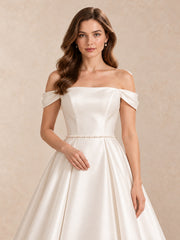 Off-the-Shoulder Satin A-Line Wedding Dress with Pearl Waist