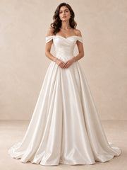 Off-the-Shoulder Satin A-Line Wedding Dress with Subtle Embroidery