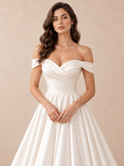 Off-the-Shoulder Satin A-Line Wedding Dress with Subtle Embroidery