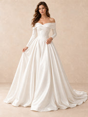 Off-the-Shoulder Satin Ball Gown Wedding Dress With Crystal Accents