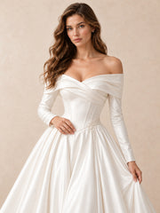 Off-the-Shoulder Satin Ball Gown Wedding Dress With Crystal Accents