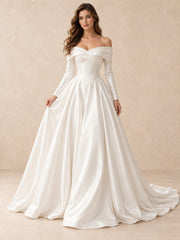 Off-the-Shoulder Satin Ball Gown Wedding Dress With Crystal Accents