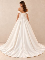 Off-the-Shoulder Satin Ball Gown Wedding Dress With Pearl Accents