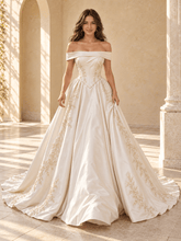 Off-the-Shoulder Satin Ball Gown Wedding Dress with Basque Waist & Lace Appliqués