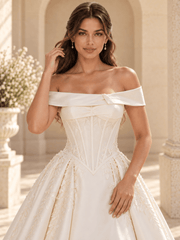Off-the-Shoulder Satin Ball Gown Wedding Dress with Lace Appliqués