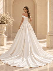 Off-the-Shoulder Satin Ball Gown Wedding Dress with Lace Appliqués