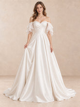 Off-the-Shoulder Satin Floor-Length Wedding Dress with Flutter Sleeves