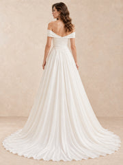 Off-the-Shoulder Satin Folded Sleeves A-Line Wedding Dress