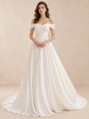 Off-the-Shoulder Satin Folded Sleeves A-Line Wedding Dress