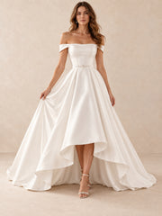 Off-the-Shoulder Satin High-Low Wedding Dress with Crystal Waist Detail