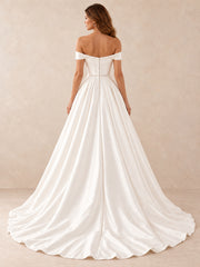 Off-the-Shoulder Satin High-Low Wedding Dress with Crystal Waist Detail