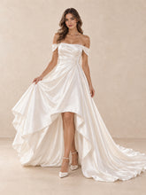 Off-the-Shoulder Satin High-Low Wedding Dress with Sweep Train