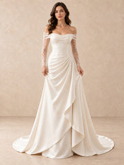 Off-the-Shoulder Satin Mermaid Sheer Lace Sleeves Wedding Dress