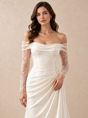 Off-the-Shoulder Satin Mermaid Sheer Lace Sleeves Wedding Dress