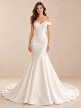 Off-the-Shoulder Satin Mermaid Wedding Dress with Sweep Train