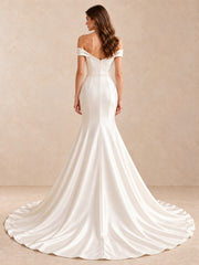 Off-the-Shoulder Satin Mermaid Wedding Dress with Sweep Train