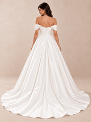 Off-the-Shoulder Satin Mikado Ball Gown Wedding Dress with Draped Corset