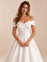 Off-the-Shoulder Satin Sleeveless Wedding Dress with Chapel Train