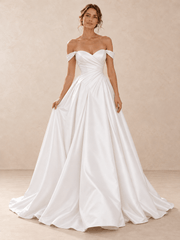 Off-the-Shoulder Satin Sweetheart Wedding Dress with Draped Bodice