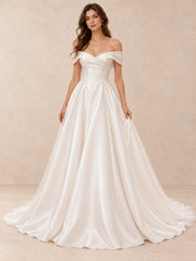 Off-the-Shoulder Satin Wedding Dress with Pearl Accents