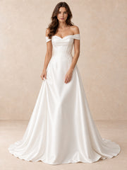 Off-the-Shoulder Satin Wedding Dress with Pearl Accents and Embroidered Appliqués