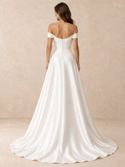 Off-the-Shoulder Satin Wedding Dress with Pearl Accents and Embroidered Appliqués